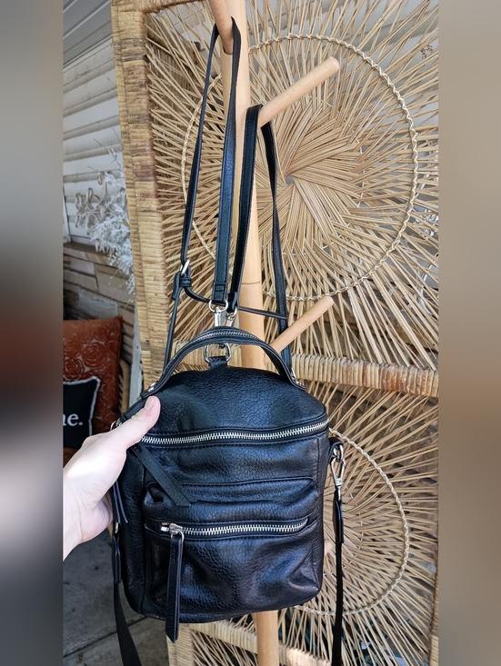 Urban Expressions Black Leather Mini Backpack Crossbody with Silver Zippers